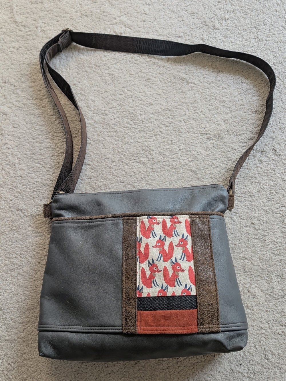 Gray and Brown Crossbody Bag with Red Fox Accent Panel